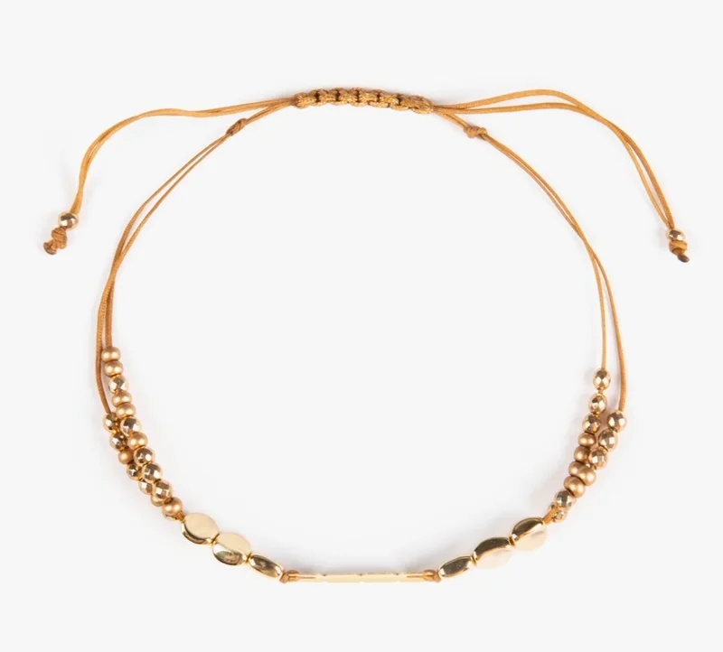 Minza  Minza “Square Stone” Women’s Bracelet, 18K Gold Cube Plaque & Golden Hematite Beads, Czech Beads Adjustable Handmade Bracelet for Women, Jewelry for Casual & Special Occasion. for Women | Best Price UAE