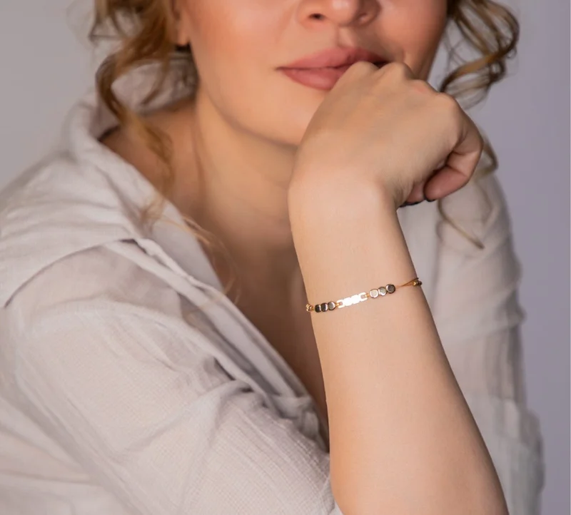 Minza  Minza “Square Stone” Women’s Bracelet, 18K Gold Cube Plaque & Golden Hematite Beads, Czech Beads Adjustable Handmade Bracelet for Women, Jewelry for Casual & Special Occasion. for Women | Best Price UAE