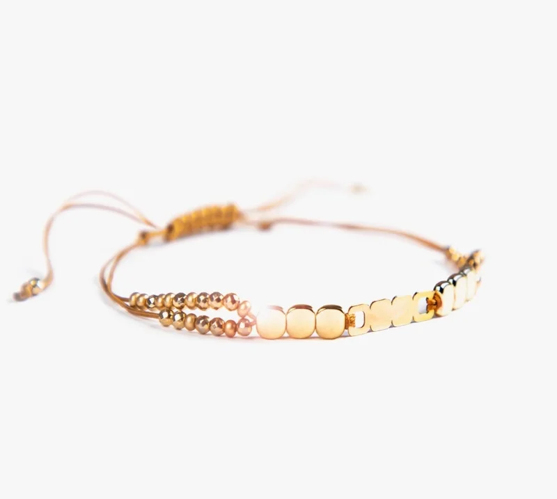 Minza  Minza “Square Stone” Women’s Bracelet, 18K Gold Cube Plaque & Golden Hematite Beads, Czech Beads Adjustable Handmade Bracelet for Women, Jewelry for Casual & Special Occasion. for Women | Best Price UAE