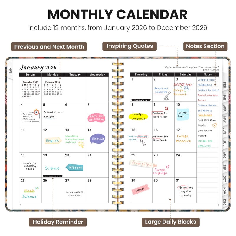 ZOTIA 2026 Planner, Weekly and Monthly Planner for Women, January 2026 - December 2026, Hardcover 2026 Calendar Planner Book with Tabs, Inner Pocket, Spiral Bound, Perfect for Office Home School Supplies - A4 (8.5" x 11"), Petals - Image 2