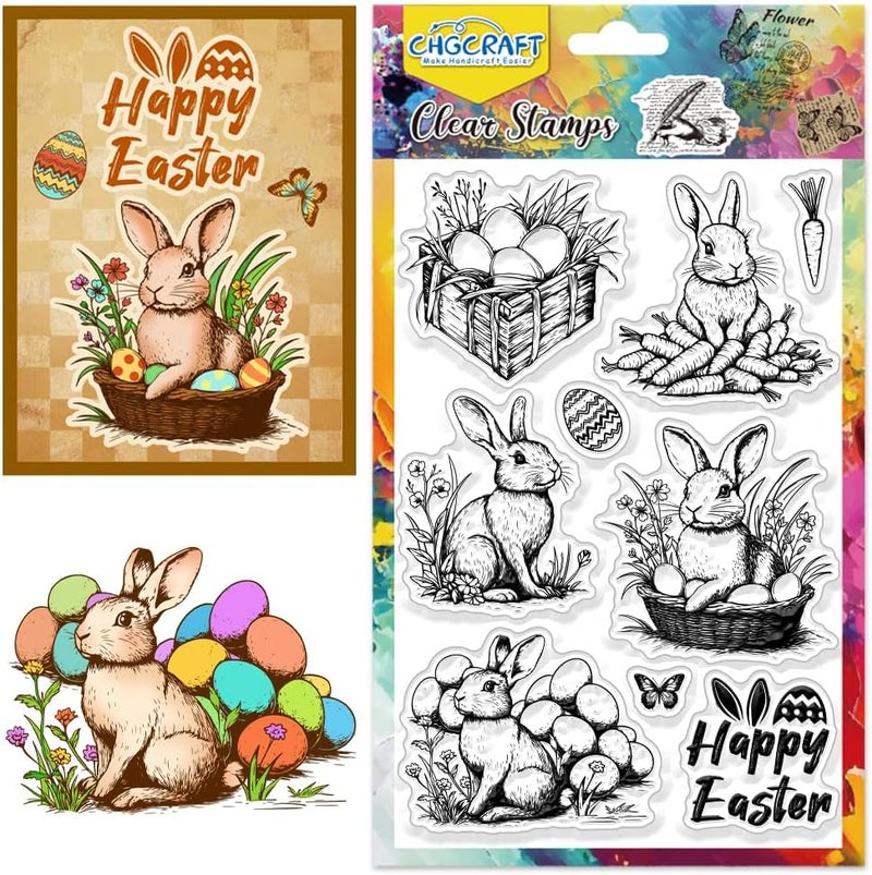 CHGCRAFT Hapy Easter Clear Stamps Vintage Realistic Bunny Transparent Stamps Easter Eggs Silicone Stamps Seals for DIY Scrapbooking Card Making Photo Album Postard Decoration - Image 1