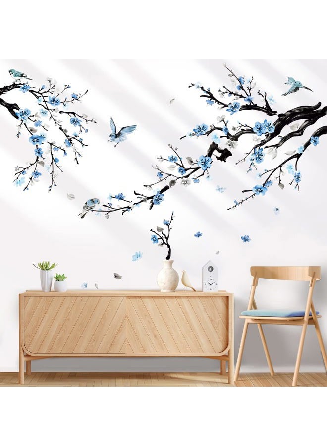 wondever Watercolor Flower Tree Branch Wall Stickers Blossom Blue Floral Birds Peel and Stick Wall Art Decals for Living Room Bedroom - Image 1