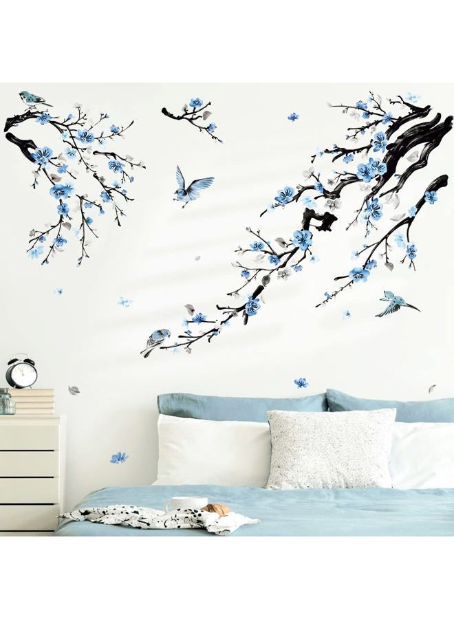 wondever Watercolor Flower Tree Branch Wall Stickers Blossom Blue Floral Birds Peel and Stick Wall Art Decals for Living Room Bedroom - Image 2
