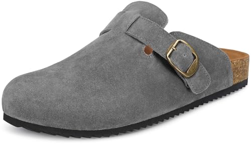 Intini Suede Clogs for Mens Womens Leather Clogs Adjustable Buckle Cork Footbed Home Slippers Sandals Grey - Image 1