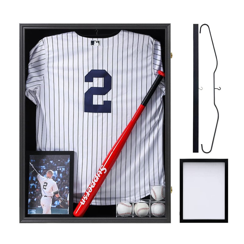 SNAIL Large Jersey Display Shadow Box Military Shadow Box Extra Deep XL Large Black Jersey Display Frame Case Lockable with UV Protection Acrylic Hanger and Wall Mount Option for Military Uniform 37x28