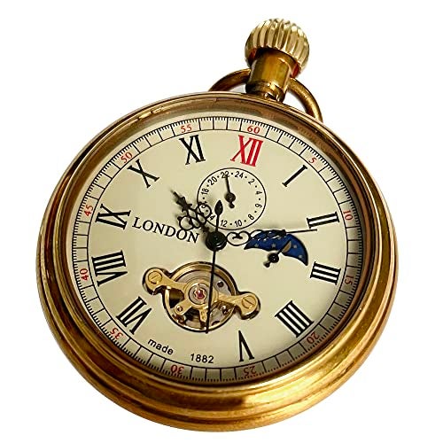 VIGOROSO Mechanical Pocket Watch Classic Tourbillon Watches Men, 24-Hour Moon Phase, Full Copper Vintage Design Hand-Winding Pocket Watches with Chain, Men's Gift - Image 2