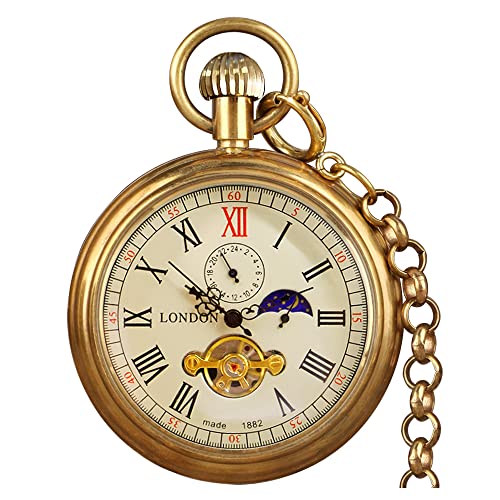 VIGOROSO Mechanical Pocket Watch Classic Tourbillon Watches Men, 24-Hour Moon Phase, Full Copper Vintage Design Hand-Winding Pocket Watches with Chain, Men's Gift - Image 1