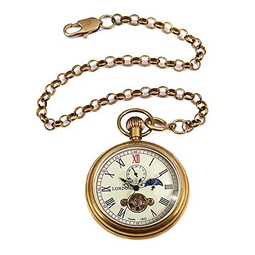 VIGOROSO Mechanical Pocket Watch Classic Tourbillon Watches Men, 24-Hour Moon Phase, Full Copper Vintage Design Hand-Winding Pocket Watches with Chain, Men's Gift - Image 5