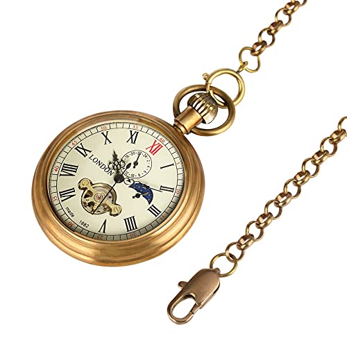VIGOROSO Mechanical Pocket Watch Classic Tourbillon Watches Men, 24-Hour Moon Phase, Full Copper Vintage Design Hand-Winding Pocket Watches with Chain, Men's Gift - Image 3