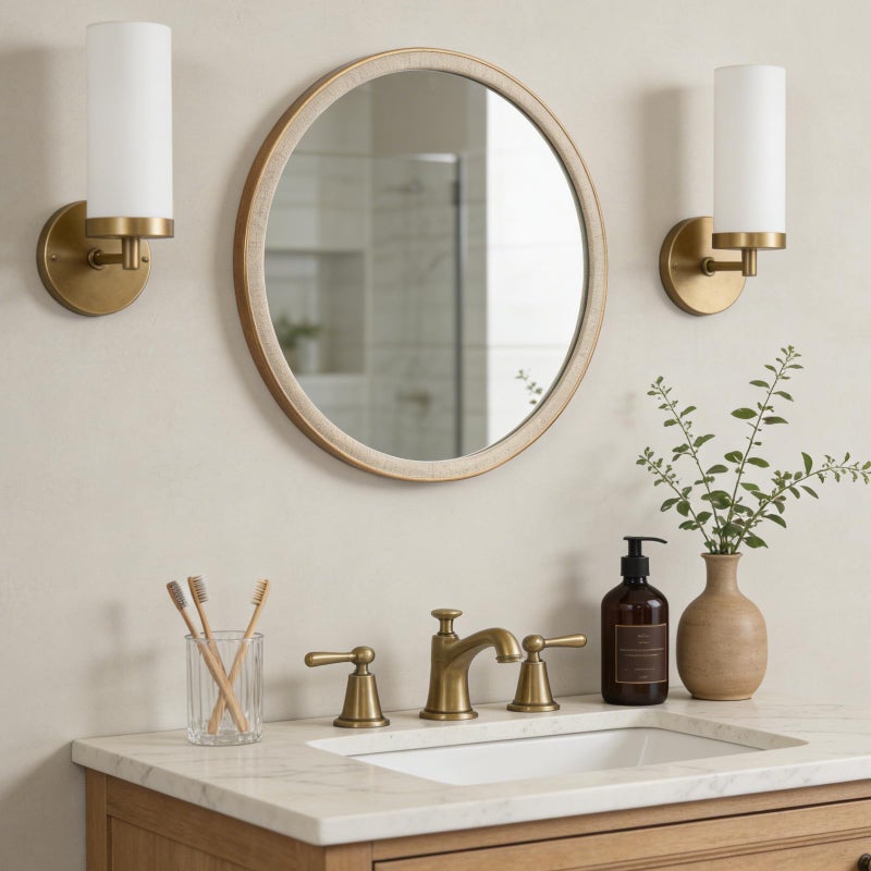WallBeyond Round Mirror 24 Inch, Linen-Texture Circle Wall Mirror for Bathroom, Bedroom, Entryway, Living Room - Image 1