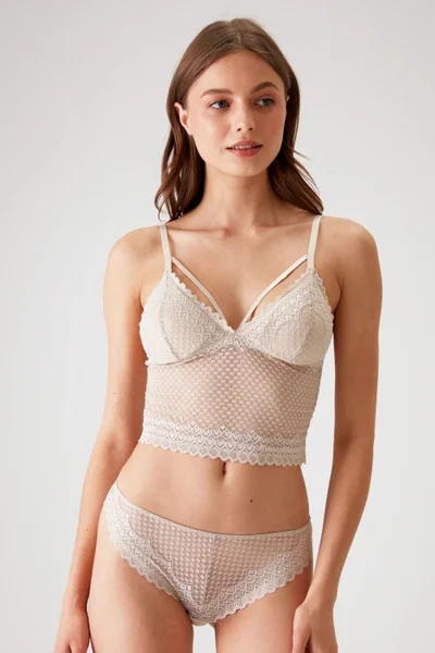 pierre cardin 4831 Women's Padded Non-Wireless Lace Bralette Bra Panty Set-Stone