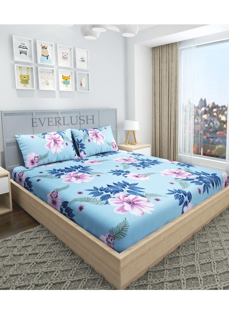 EVERLUSH - EVERLUSH Best Flat Printed Bedsheets Double King Size Bedsheets with 2 Pillow Covers Glace Cotton bedsheet |72" X 78" (Aqua Flower, King 72" X 78") - Image 1
