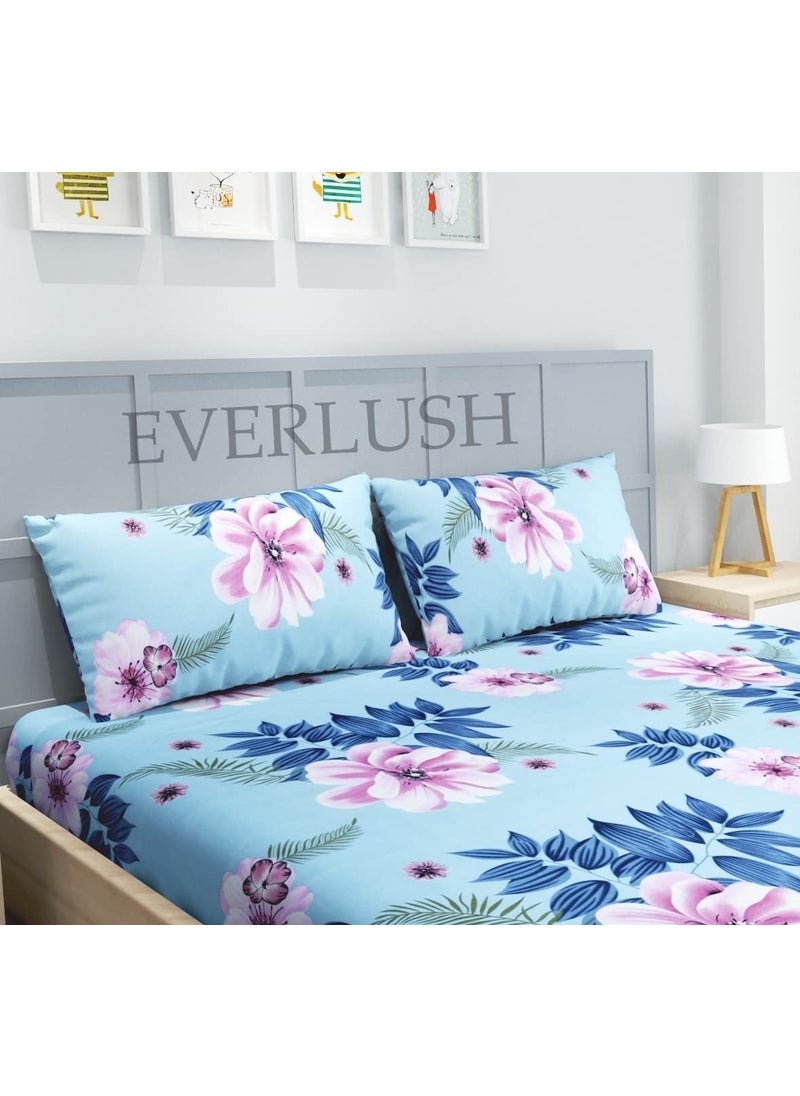 EVERLUSH - EVERLUSH Best Flat Printed Bedsheets Double King Size Bedsheets with 2 Pillow Covers Glace Cotton bedsheet |72" X 78" (Aqua Flower, King 72" X 78") - Image 1