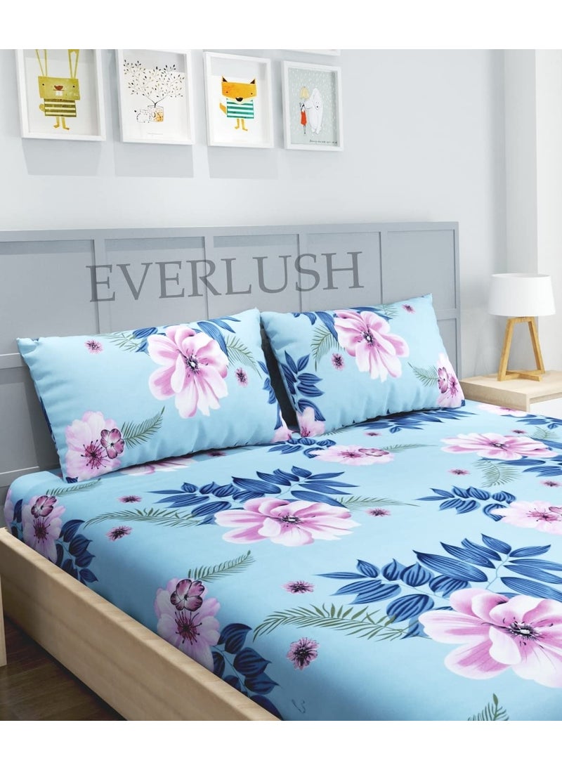 EVERLUSH - EVERLUSH Best Flat Printed Bedsheets Double King Size Bedsheets with 2 Pillow Covers Glace Cotton bedsheet |72" X 78" (Aqua Flower, King 72" X 78") - Image 1