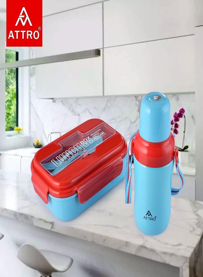 ATTRO مجموعة أترو بلاستيك ماجيك كومبو، علبة غداء واحدة وزجاجة ماء واحدة، خالية من مادة BPA وآمنة للاستخدام مع الطعام، مثالية لأطفال المدارس - أزرق وأحمر، 1200 مل - Image 2