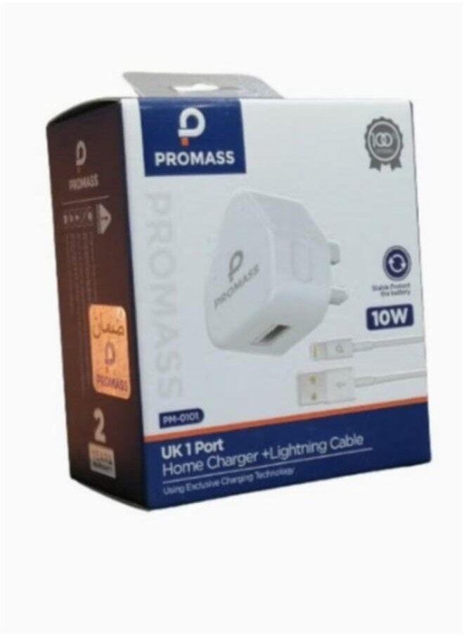 PROMASS - Original Wall Charger Supports Fast Charging Usb Port 10W With 1 Meter Lightning Cable For Iphone Devices From Promas, White Color - Image 1
