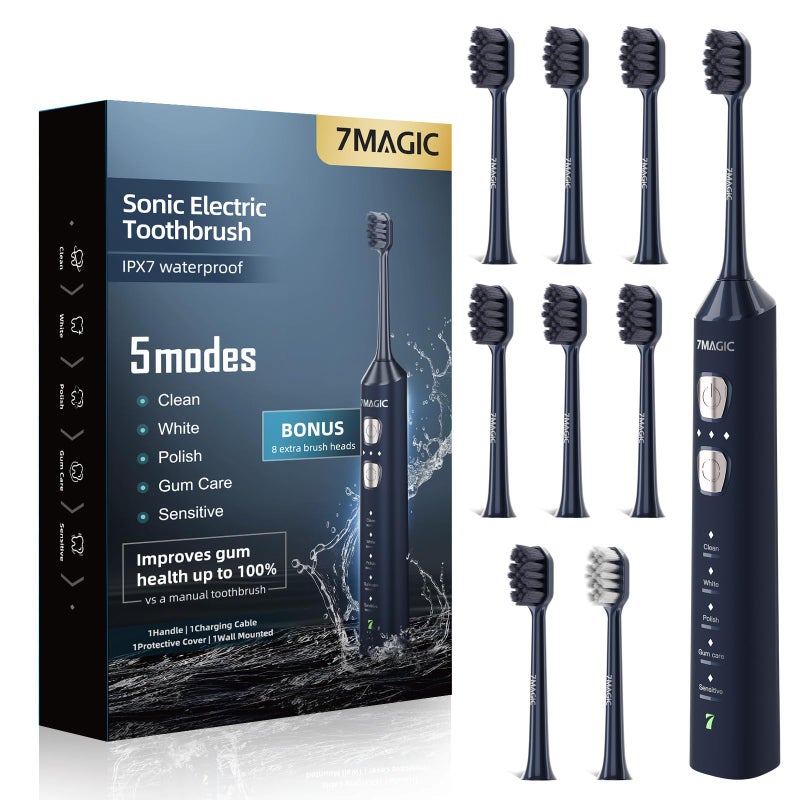 7MAGIC Sonic Electric Toothbrush for Adults and Kids - Up to 180 Days Runtime, 42000 VPM Powered Toothbrush, 5 Modes & 3 Intensities for Sensitive Teeth & Braces, Includes 8 Brush Heads, Navy Blue - Image 1