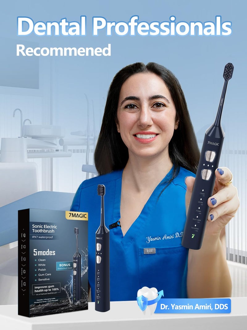 7MAGIC Sonic Electric Toothbrush for Adults and Kids - Up to 180 Days Runtime, 42000 VPM Powered Toothbrush, 5 Modes & 3 Intensities for Sensitive Teeth & Braces, Includes 8 Brush Heads, Navy Blue - Image 3