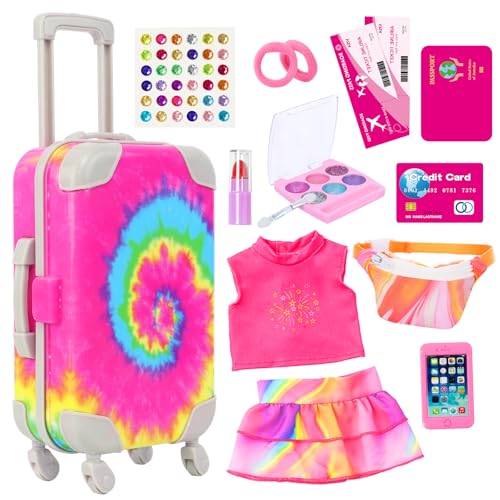 K. T. Fancy KT Fancy 14 PCS American 18 Inch Doll Travel Accessories Set  Rainbow TieDye Suitcase Luggage with Waist Bag Clothes Makeup Kit Phone Passport  Stickers No Doll Included Gift for Girls - Image 1