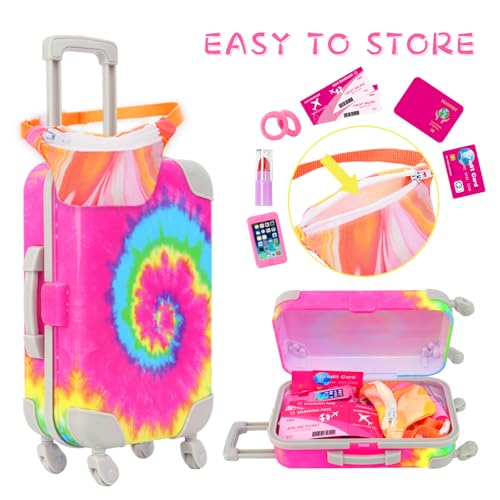 K. T. Fancy KT Fancy 14 PCS American 18 Inch Doll Travel Accessories Set  Rainbow TieDye Suitcase Luggage with Waist Bag Clothes Makeup Kit Phone Passport  Stickers No Doll Included Gift for Girls - Image 5
