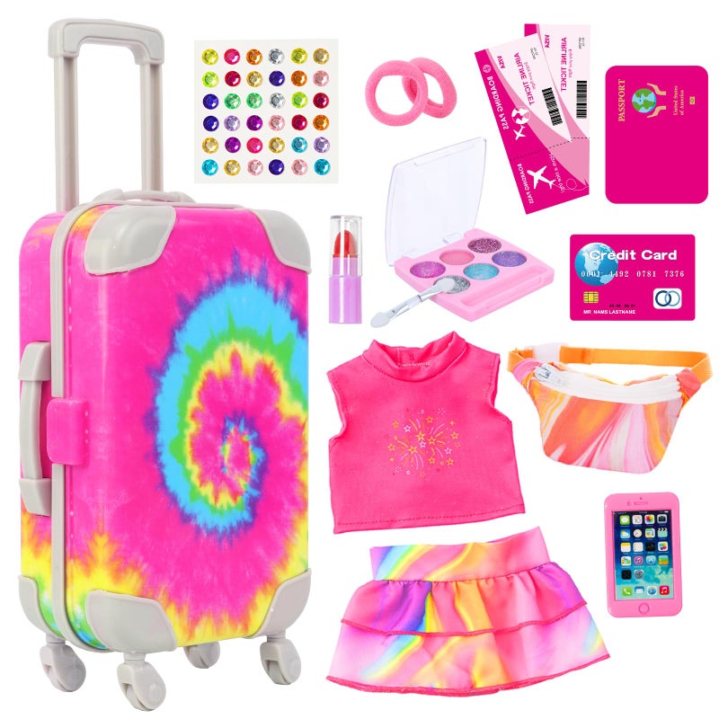 K. T. Fancy KT Fancy 14 PCS American 18 Inch Doll Travel Accessories Set  Rainbow TieDye Suitcase Luggage with Waist Bag Clothes Makeup Kit Phone Passport  Stickers No Doll Included Gift for Girls - Image 3