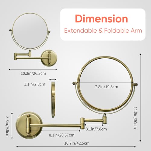 GURUN 8" Wall Mounted Makeup Mirror with 10X Magnification,Two-Sided Swivel Bathroom Mirror,Antique Satin Brass Finish M1306K(8in,10x) - Image 5