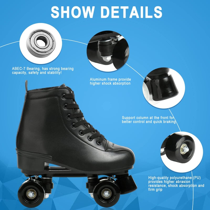 XUDREZ Roller Skates Double Row Skates Adjustable High-top Roller Skates Indoor Outdoor Adult Roller Skates, Black black wheel, 39=UK:6.5 - Image 2