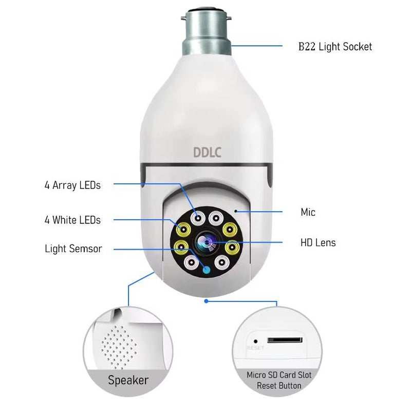 DDLC 1080p HD Bulb Light Wireless IP Camera, Fish Eye 360 Degree Panoramic Mini Lamp IR Home Security Wireless CCTV Camera (Light Bulb) - Image 2