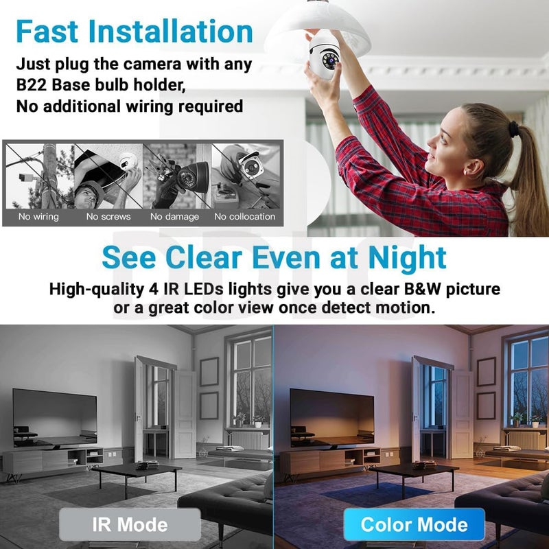 DDLC 1080p HD Bulb Light Wireless IP Camera, Fish Eye 360 Degree Panoramic Mini Lamp IR Home Security Wireless CCTV Camera (Light Bulb) - Image 5