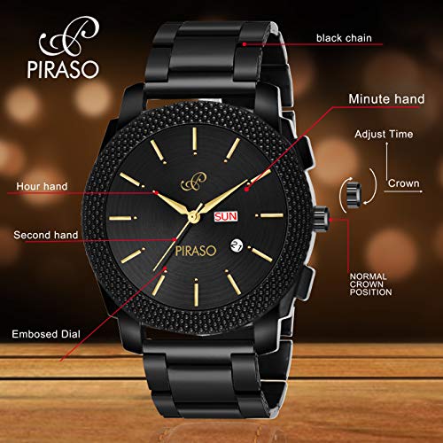 PIRASO Classy Look Black Dial and Stunning Black Stainless Steel Chain with Day and Date Functioning Watch for Men Boys - Image 3