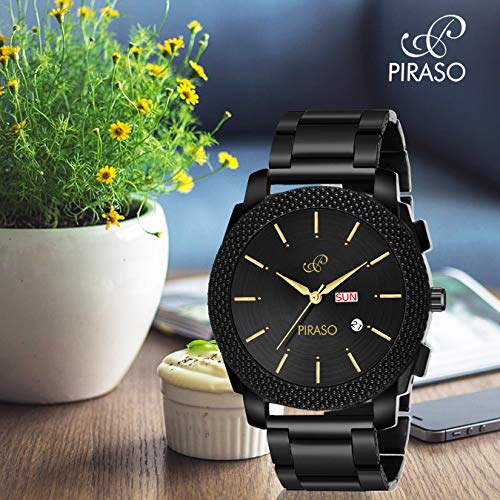 PIRASO Classy Look Black Dial and Stunning Black Stainless Steel Chain with Day and Date Functioning Watch for Men Boys - Image 2
