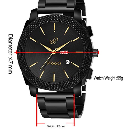 PIRASO Classy Look Black Dial and Stunning Black Stainless Steel Chain with Day and Date Functioning Watch for Men Boys - Image 4