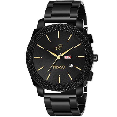 PIRASO Classy Look Black Dial and Stunning Black Stainless Steel Chain with Day and Date Functioning Watch for Men Boys - Image 1