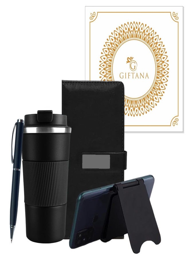 Giftana مجموعة هدايا جيفتانا: مفكرة مع قلم، حامل جوال، وكوب قهوة سعة 510 مل، للرجال والنساء، مجموعة هدايا 4 في 1 للطبيب، الزوج، هدايا ديوالي، هدية رأس السنة الجديدة للموظفين (أسود) - Image 1