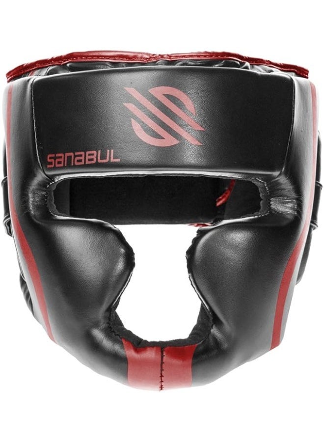 سنابول غطاء رأس أساسي للملاكمة للرجال والنساء | غطاء رأس للمواي تاي والفنون القتالية المختلطة | غطاء رأس للملاكمة بتغطية كاملة للوجه، أسود/أحمر - Image 1