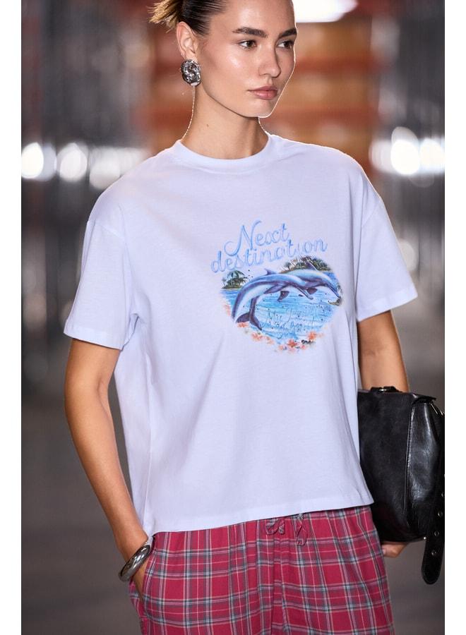 GRIMELANGE LARANA Women's Soft Fabric 100% Organic Cotton Round Neck Printed Detailed White T-Shirt. - Image 2