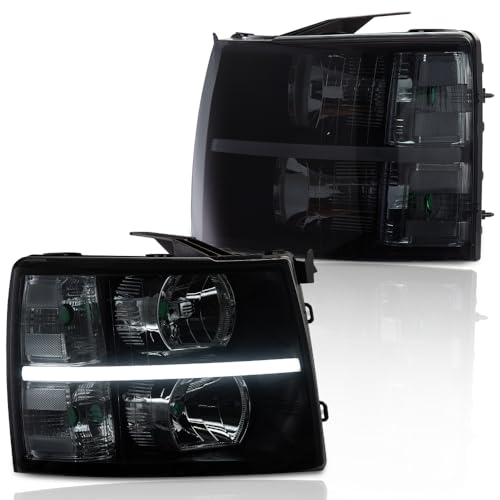 GRAND ORANGE LED Bar Headlight Assembly Compatible with 2007-2013 Chevy Silverado 1500/ Fit 2007-2014 Silverado 2500 3500 2500HD 3500HD Lamp Smoke Lens Black Housing Clear reflector - Image 1