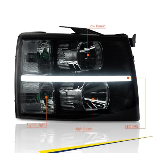 GRAND ORANGE LED Bar Headlight Assembly Compatible with 2007-2013 Chevy Silverado 1500/ Fit 2007-2014 Silverado 2500 3500 2500HD 3500HD Lamp Smoke Lens Black Housing Clear reflector - Image 5