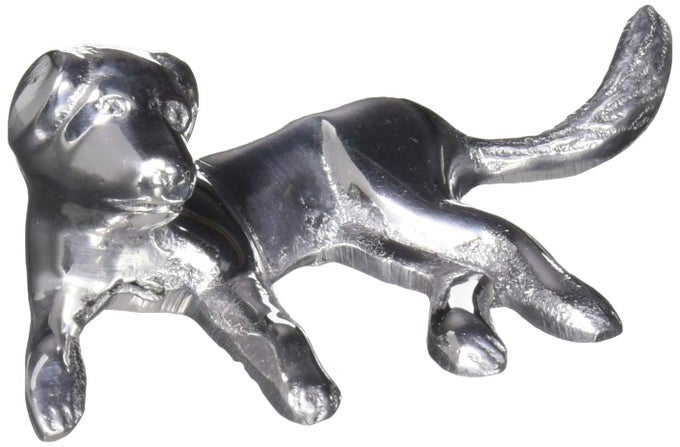 LABRADOR NAPKIN WEIGHT SILVER BRILLANTE GIFTS NAPKIN WEIGHTS RECYCLED SANDCAST ALUMINUM HANDMADE IN MEXICO