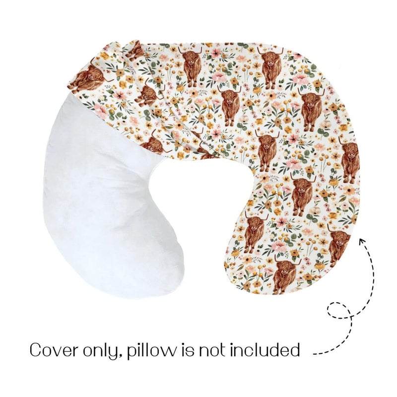 HawSkgFub Highland Cow Pink Floral Nursing Pillow Cover for Baby Girl Boho Retro Flower Western Farm Animal Yak Breastfeeding Pillow Slipcover Cow Lover Nursing Pillowcase Newborn Infant Cover Only - Image 4