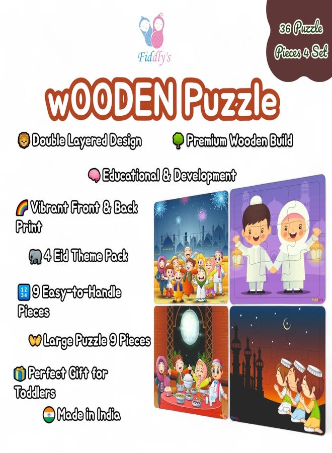 Fiddlys Wooden Jigsaw Puzzles for Kids & Children – 9 Pieces Each, Pack of 4|Double Layered Front & Back Print| Educational Toy for Boys & Girls Age 2 3 4 5 6 Year Old (Eid Festival) - Image 3