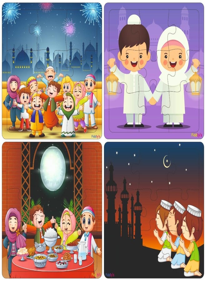 Fiddlys Wooden Jigsaw Puzzles for Kids & Children – 9 Pieces Each, Pack of 4|Double Layered Front & Back Print| Educational Toy for Boys & Girls Age 2 3 4 5 6 Year Old (Eid Festival) - Image 1