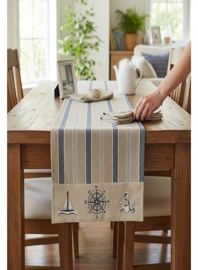 Eight Owls Nautical Table Runner - 72 Inch - Cotton Decorative Embroidered Design – Natural, Navy Blue and White (Boat Compass Anchor) - Image 2