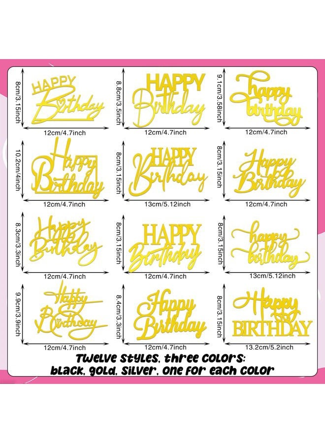 RASSLISA 36 PCS Happy Birthday Cake Toppers Mirror Acrylic Cake Topper Side Cake Decorations Cake Inserts Cake Decorating Supplies Cupcake Toppers for Birthday Party Cake Desserts Pastries 12 Styles 3 Colors - Image 2