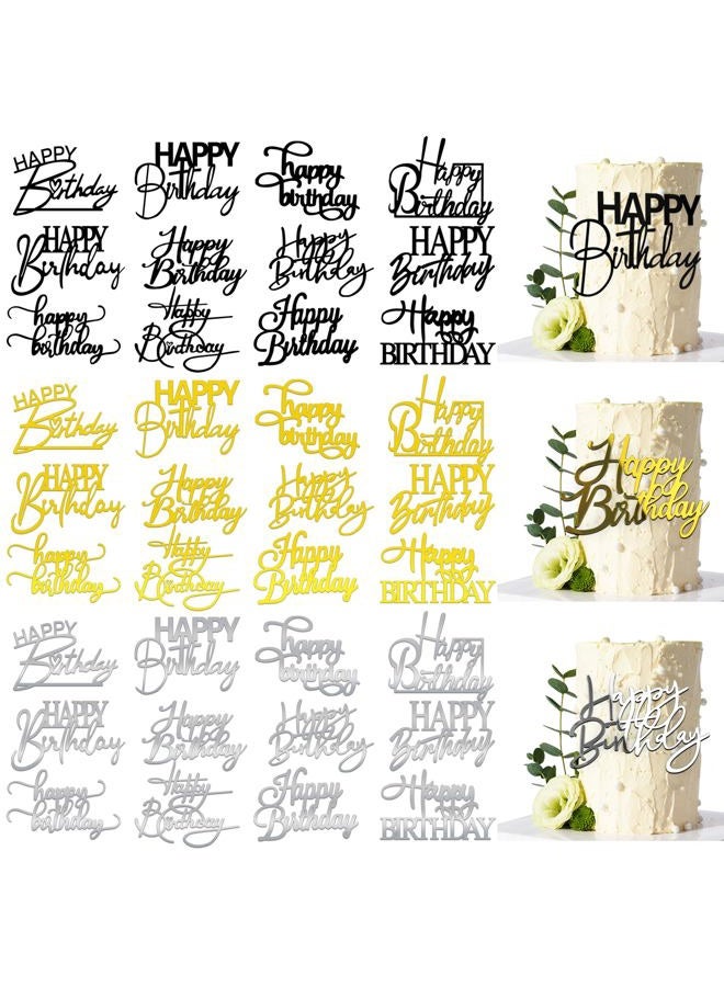 RASSLISA 36 PCS Happy Birthday Cake Toppers Mirror Acrylic Cake Topper Side Cake Decorations Cake Inserts Cake Decorating Supplies Cupcake Toppers for Birthday Party Cake Desserts Pastries 12 Styles 3 Colors - Image 1