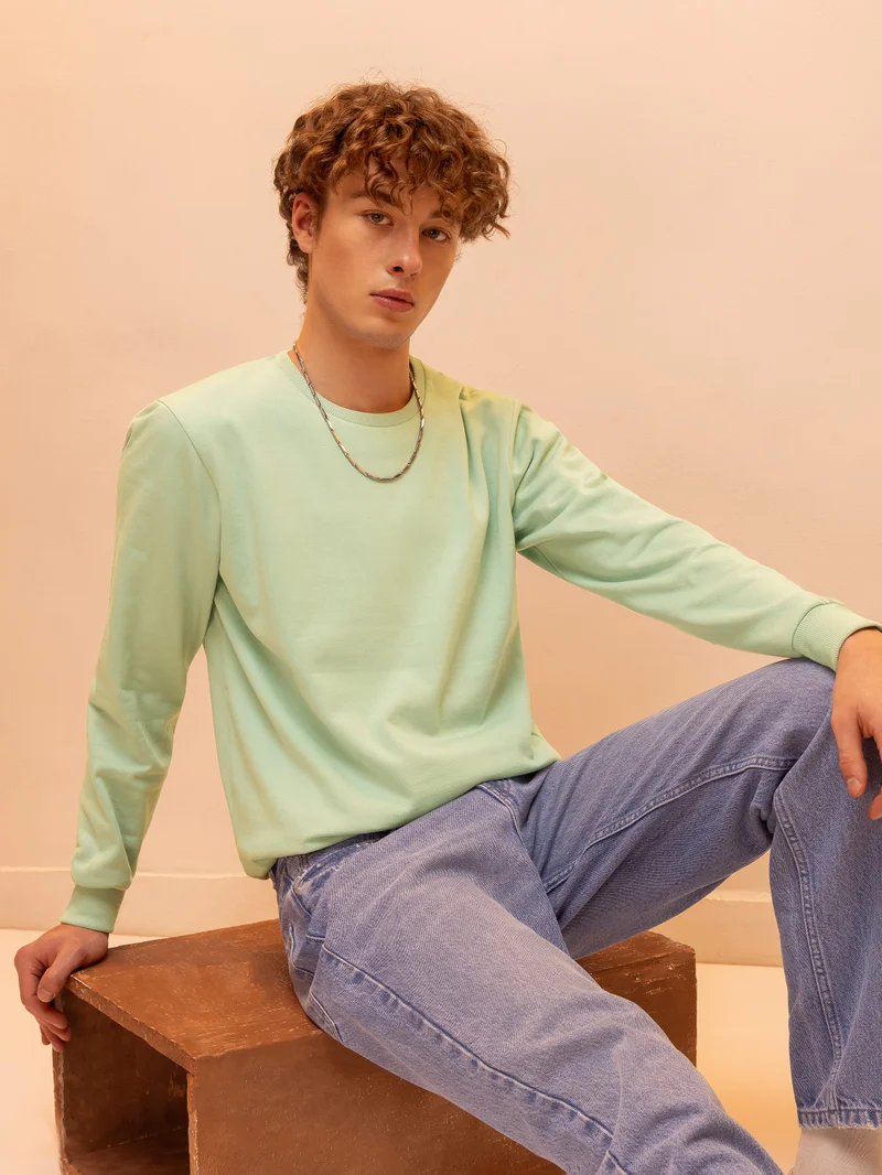 Beyoung Solid Pista Green Men Sweatshirts