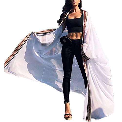 YouKD Summer Embroidered Floral Long Cardigan Bohemian Kimono Beach Swimsuit Cover Up Plus Size Dress for Women A White - Image 4