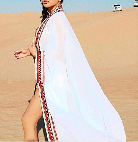 YouKD Summer Embroidered Floral Long Cardigan Bohemian Kimono Beach Swimsuit Cover Up Plus Size Dress for Women A White - Image 3