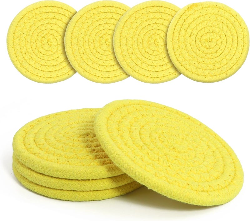 krastmon Coasters Set of 4 for Drinks, Cotton Woven 4 Colors Absorbent Boho Coasters for Home Decor Cups - Hot or Cold Drink Thickened (Lemon Yellow) - Image 1