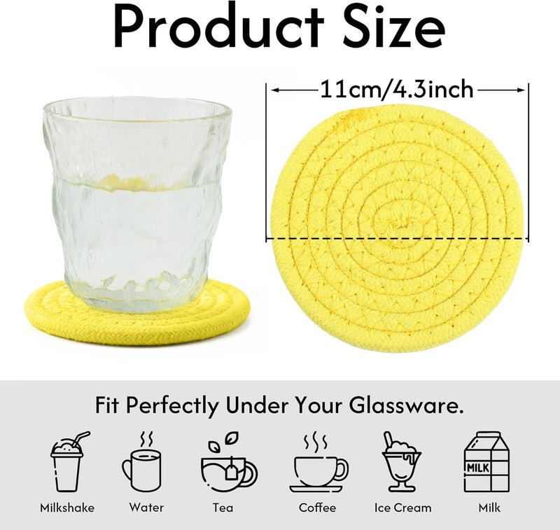 krastmon Coasters Set of 4 for Drinks, Cotton Woven 4 Colors Absorbent Boho Coasters for Home Decor Cups - Hot or Cold Drink Thickened (Lemon Yellow) - Image 2